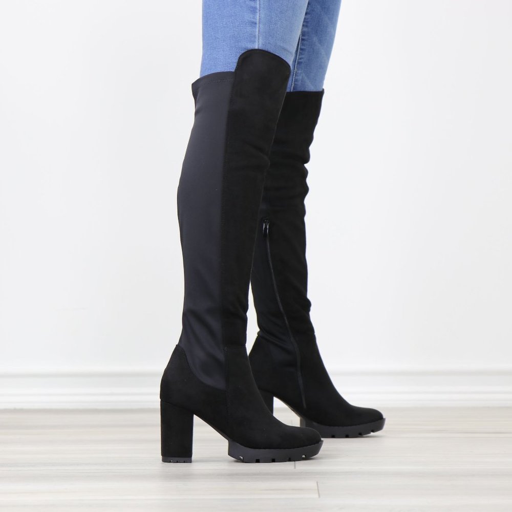 Black Faux Suede Round Toe Thigh High Over The Knee Lug Block Heel Boots - Picture 3 of 14